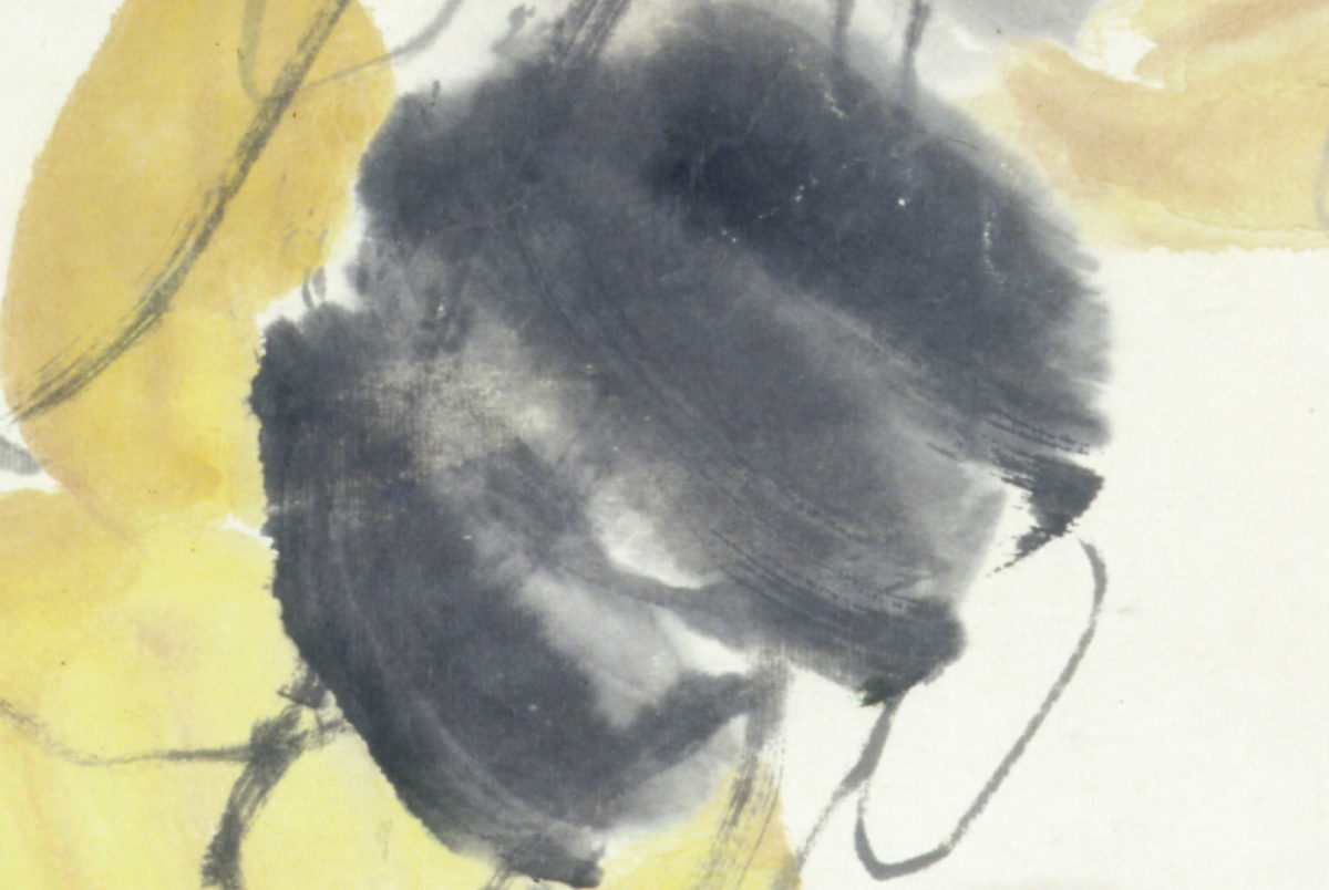 Abstract brush painting with a black circular shape in the middle of the frame, and yellow and gray in the backgrond