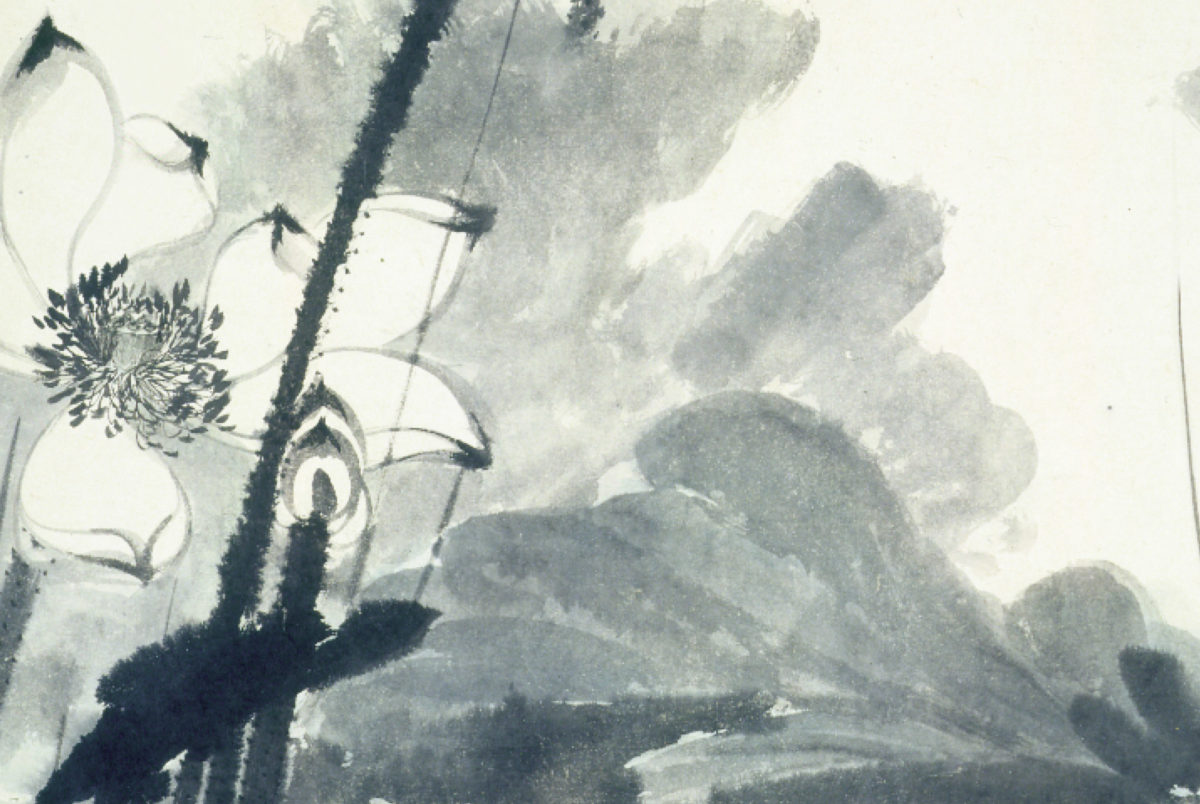 Brush painting in black ink depicting a flower on the left and gray tones to the right