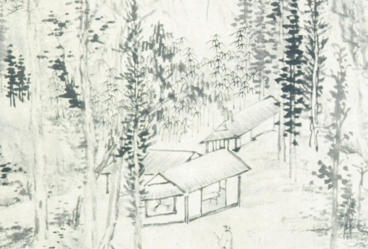 Brush painting of three small buildings in a forest, with a figure in the foreground