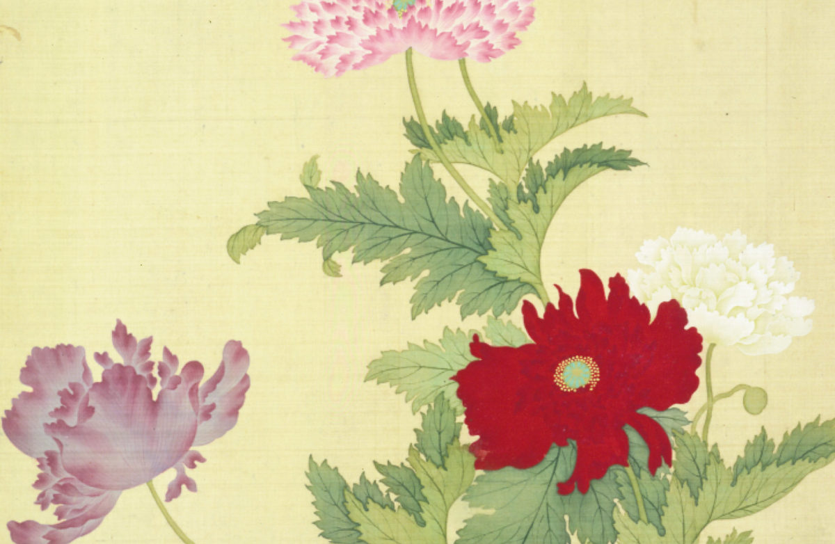 A painting of red, pink, and white flowers and green leaves