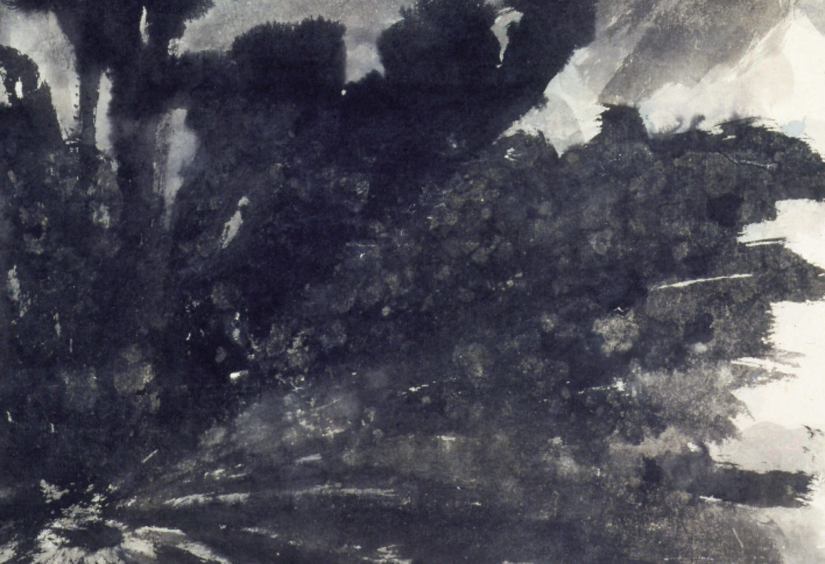 An abstract brush painting resembling a splash of black ink radiating from the lower left corner