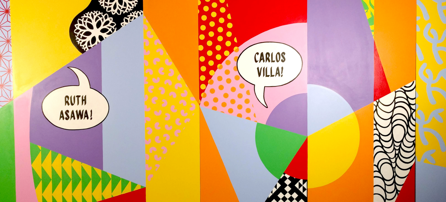 Colorful painting with speech bubbles with artists