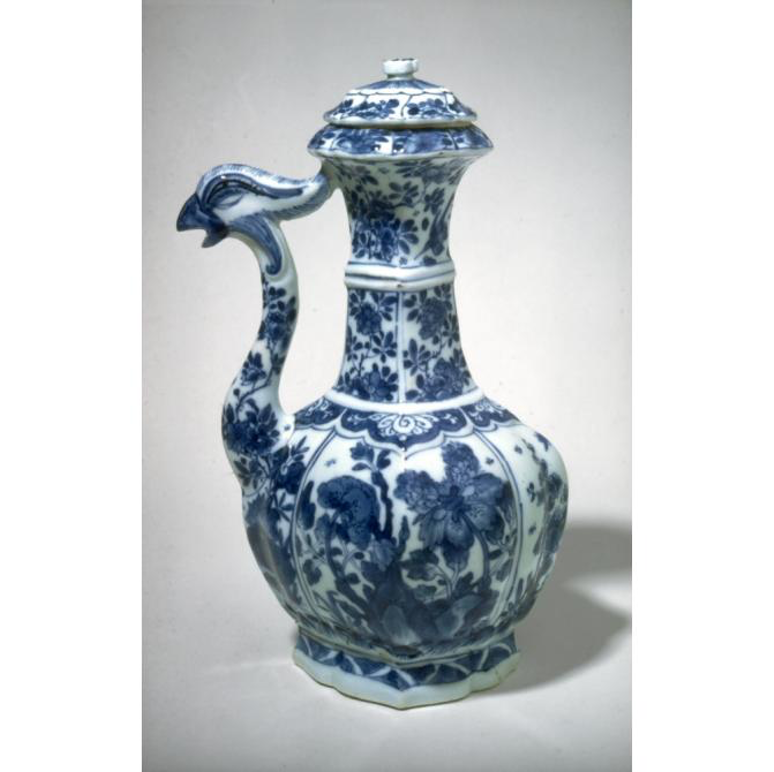 Blue and white vessel with the spout shaped like a bird's head.