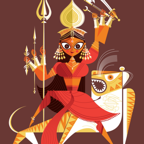 Geometric graphic image of a woman riding a tiger.