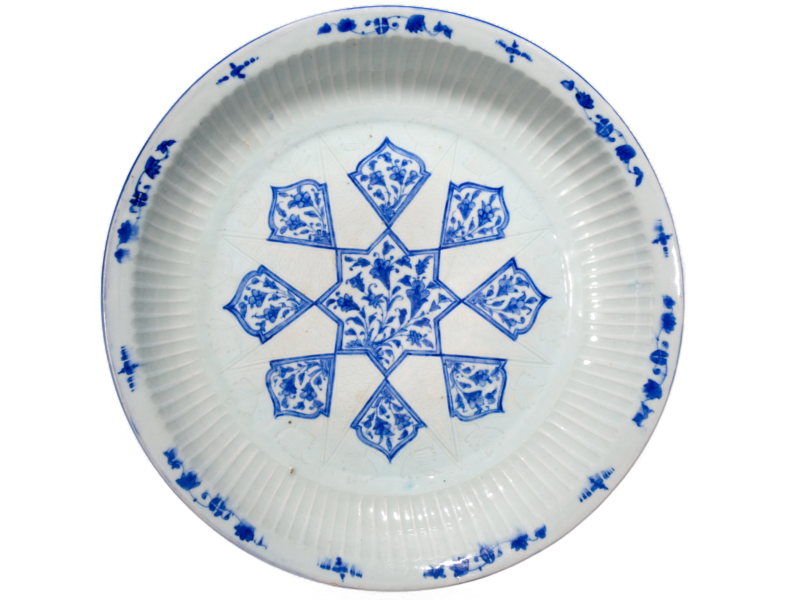 White plate with blue designs.