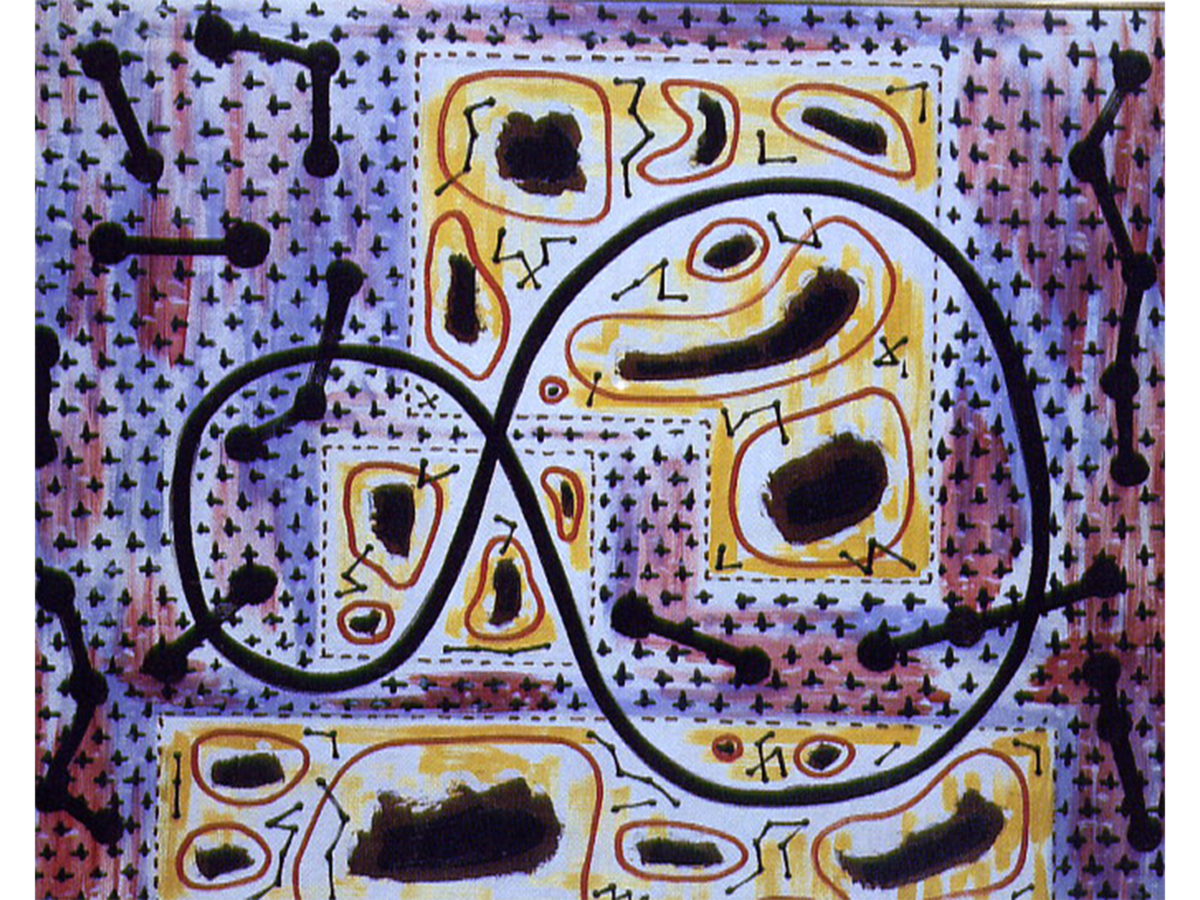 Abstract drawing of purple, black, and yellow shapes and figures.