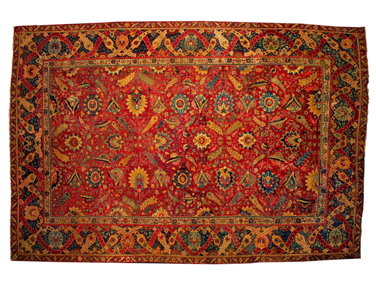 Woven rug with red, yellow, and blue shapes and patterns.