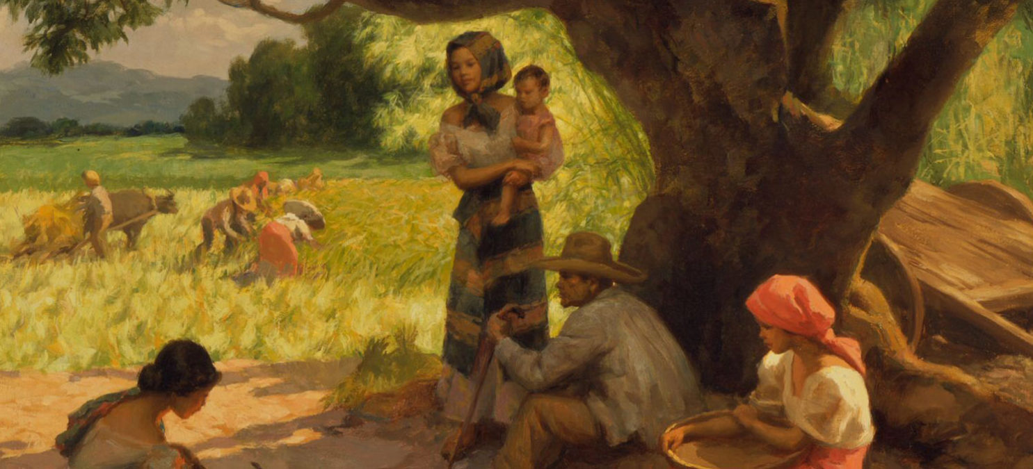 Detail of farm workers sitting beneath a tree.